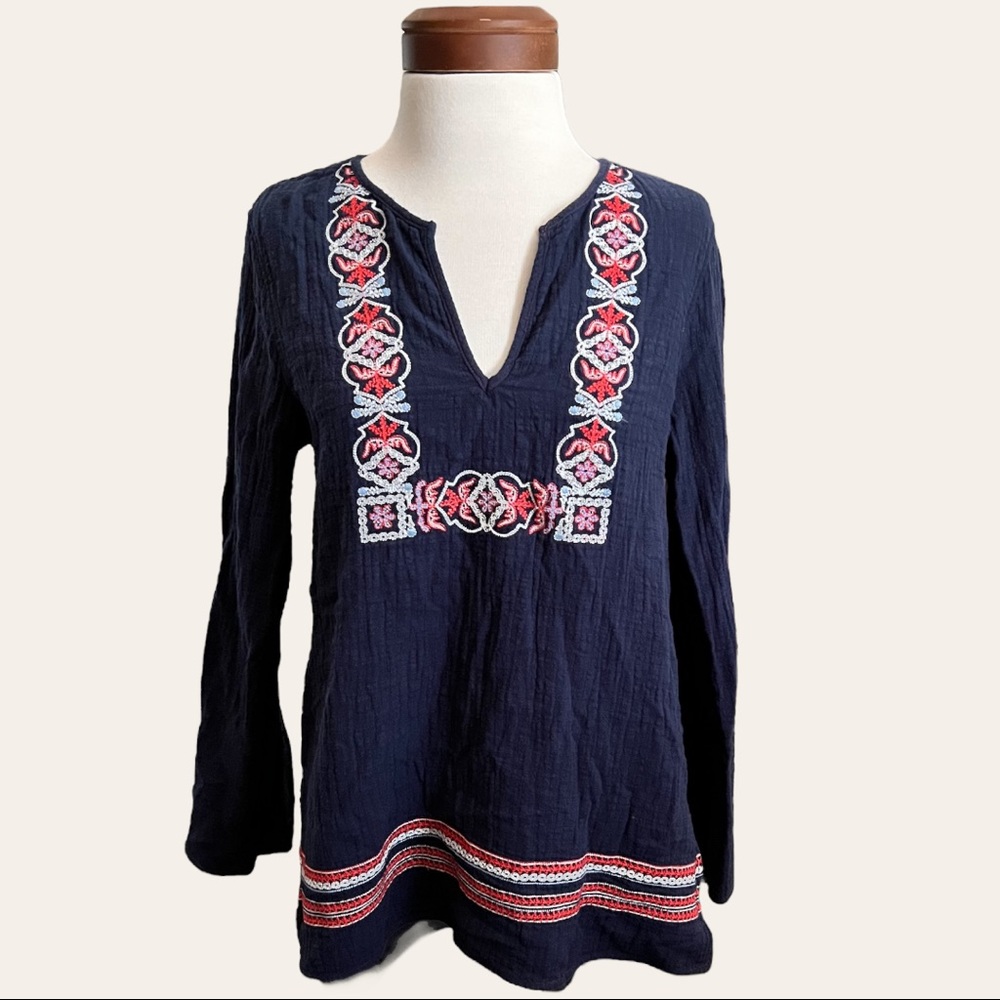 Ella Moon Navy Blue Embroidered Tunic Long Sleeves Blouse Size M